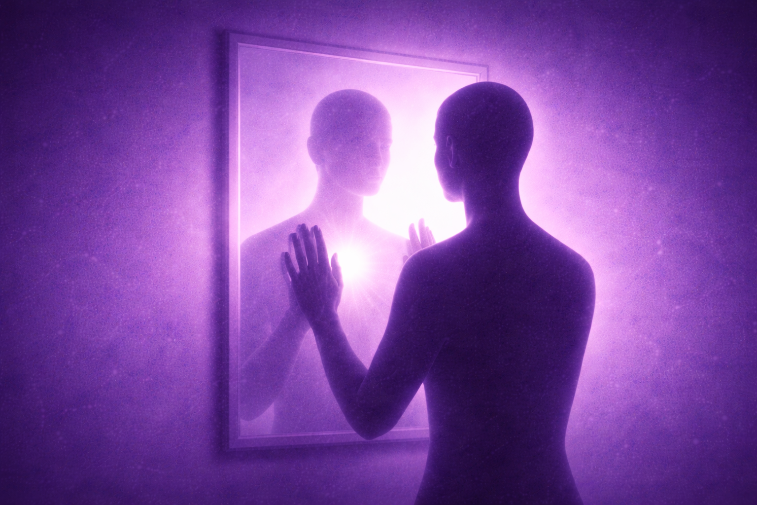 Persona frente a un espejo practicando afirmaciones, ambiente sereno con luz natural